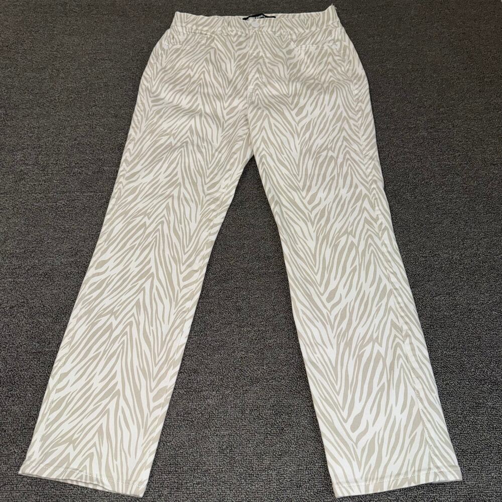 EXPRESS Slim Ankle Super High Rise Beige White Zebra Print Pants Women's Size 6R